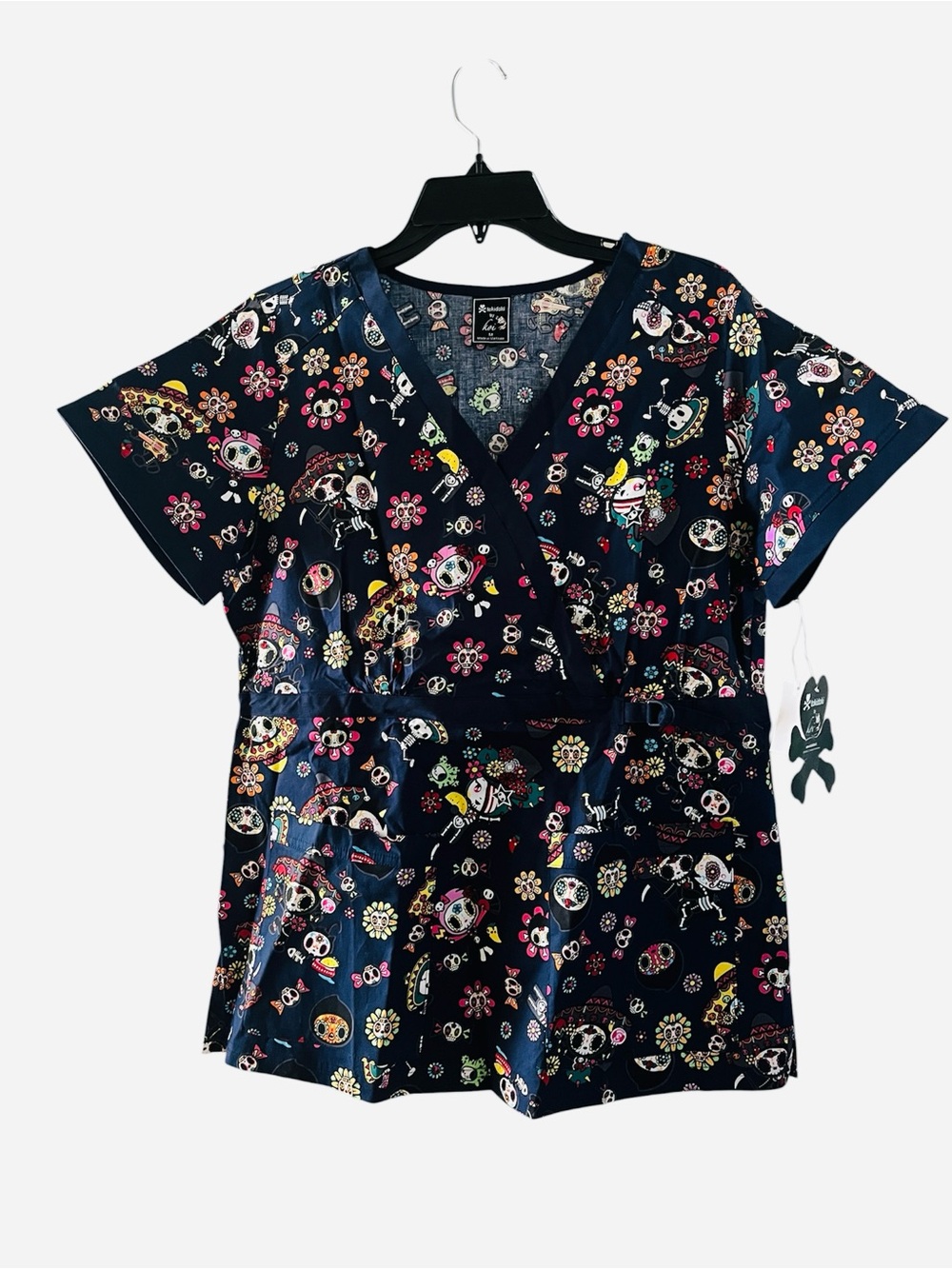 Koi x Tokidoki Navy Day of the Dead Graphic Print V-Neck Scrub Top